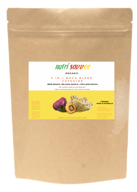 Organic Maca Root Blend Capsules - Black, Red and Yellow 100% Natural Superfood 730mg - Nutri Savvee