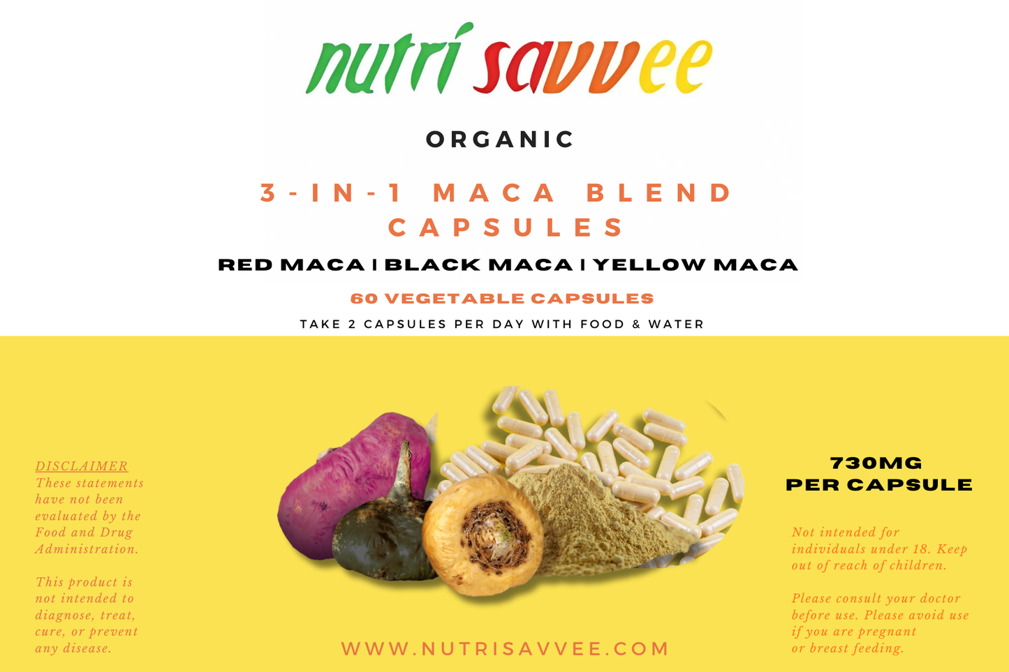 Organic Maca Root Blend Capsules - Black, Red and Yellow 100% Natural Superfood 1050mg - Nutri Savvee