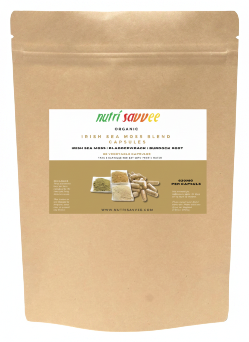 Organic Irish Sea Moss Bladderwrack & Burdock Root Capsules - Wildcrafted Natural Superfood 620mg - Nutri Savvee