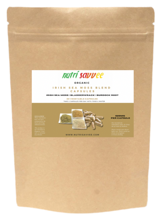 Organic Irish Sea Moss Bladderwrack & Burdock Root Capsules - Wildcrafted Natural Superfood 620mg - Nutri Savvee