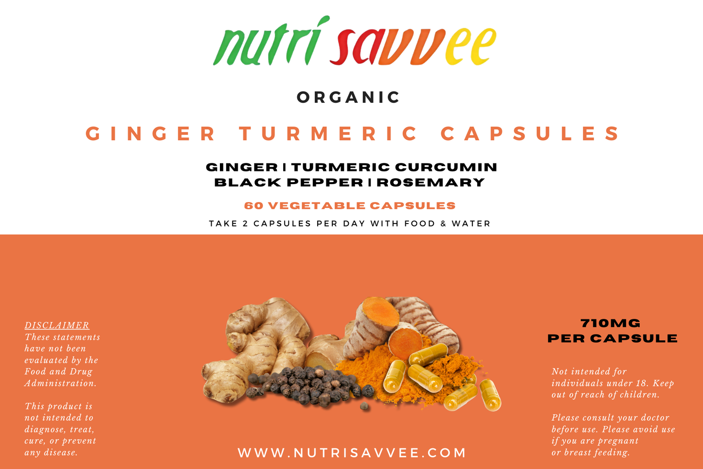 Organic Ginger Turmeric Curcumin with Black Pepper Capsules - 100% Natural 710mg - Nutri Savvee