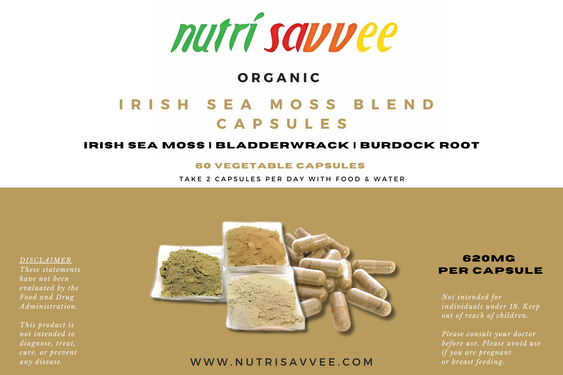 Organic Irish Sea Moss Bladderwrack & Burdock Root Capsules - Wildcrafted Natural Superfood 680mg - Nutri Savvee