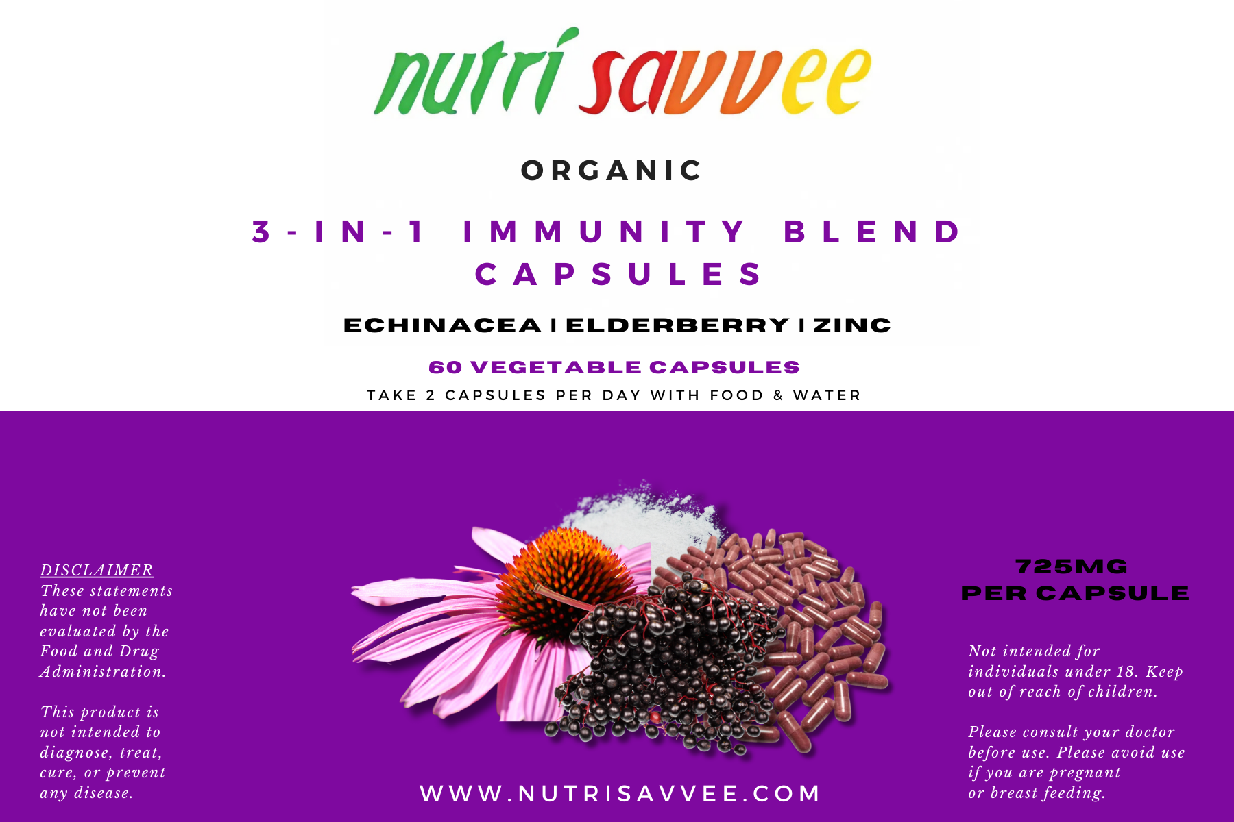 Organic Echinacea Elderberry Zinc Capsules - 100% Natural 725mg - Nutri Savvee
