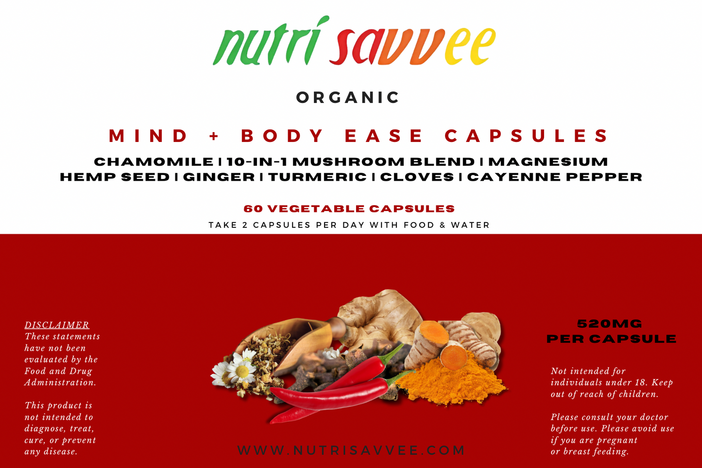 Organic Mind and Body Ease Capsules - Full Body Comfort 520mg - Nutri Savvee