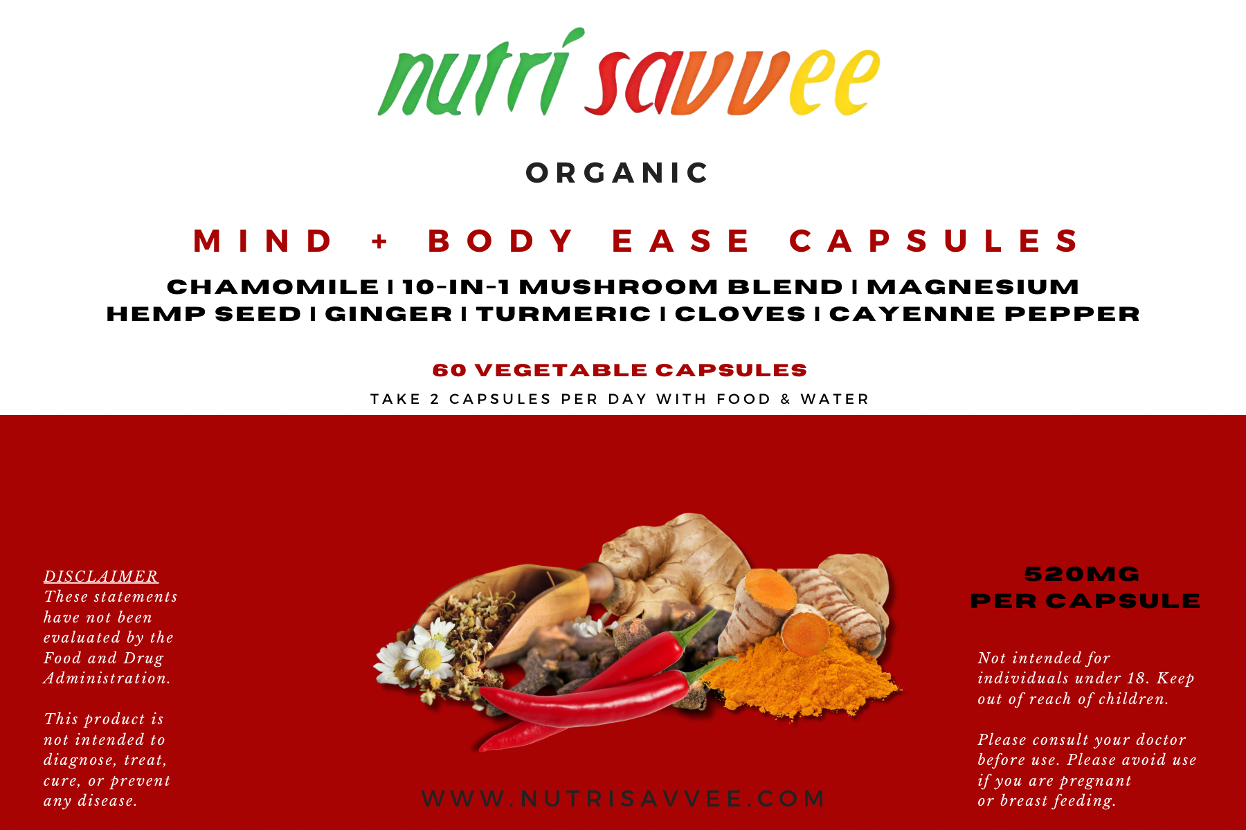 Organic Mind and Body Ease Capsules - Full Body Comfort 520mg - Nutri Savvee