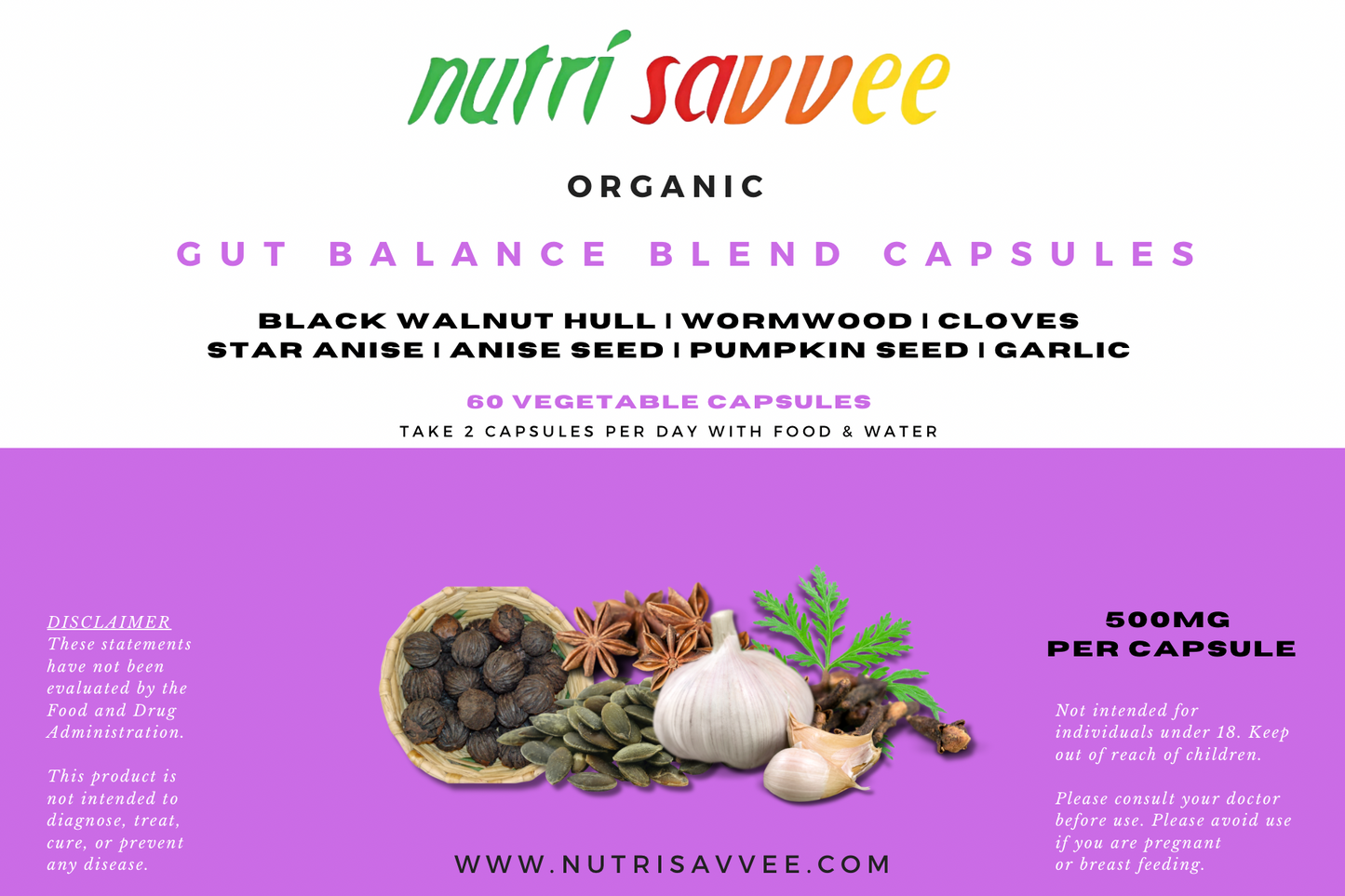 Organic Gut Balance Blend Capsules - Digestive Cleanse 500mg - Nutri Savvee