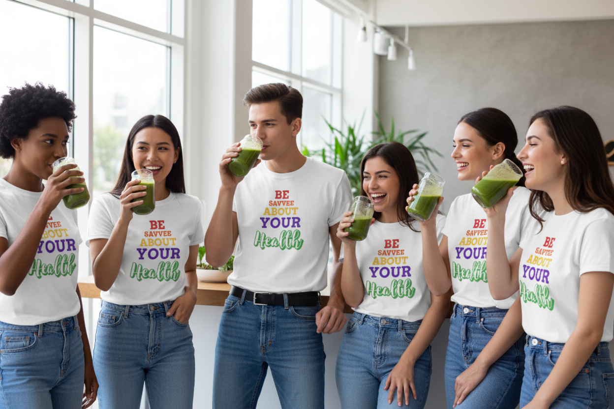 Group of people wearing white t-shirts with motivational messages, drinking green juice in a modern indoor setting.