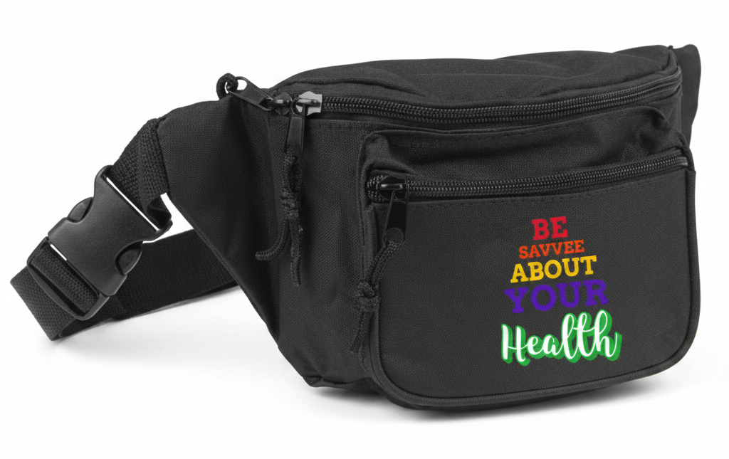 Black 3-Pocket Fanny Pack w/ Adjustable Plastic Snap Buckle Healthy Lifestyle "Be Savvee About Your Health" Graphic Design - Nutri Savvee