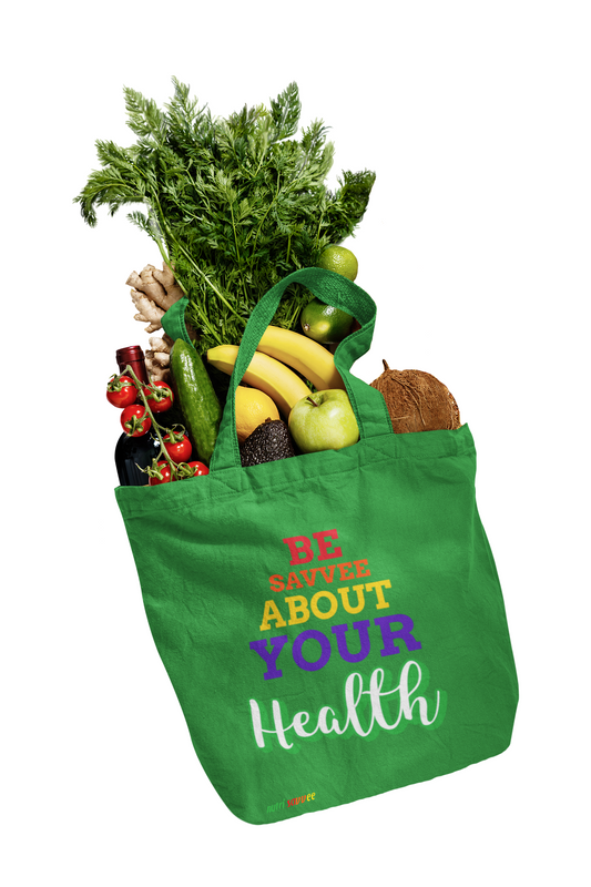 Green Reusable Cotton Tote Bag with"Be Savvee About Your Health" Graphic Design - Nutri Savvee