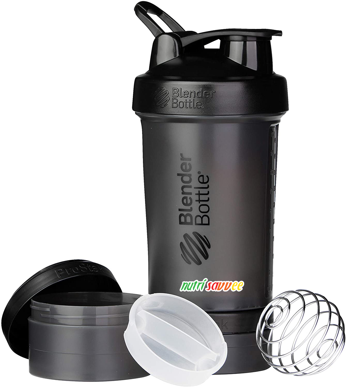 Black Blender Bottle ProStak w/ Nutri Savvee Logo for Protein Shakes & Smoothies - Nutri Savvee