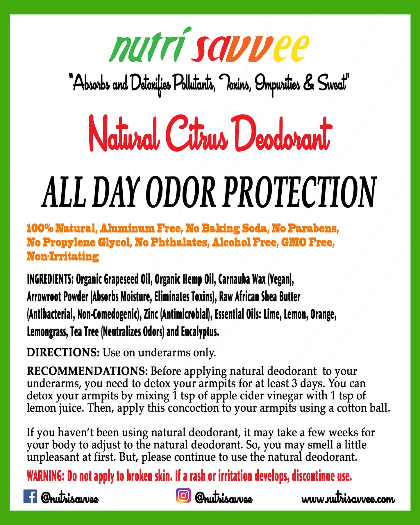 100% Natural Aluminum Free Deodorant – 24-Hour Odor Protection with Essential Oils Handmade - Nutri Savvee