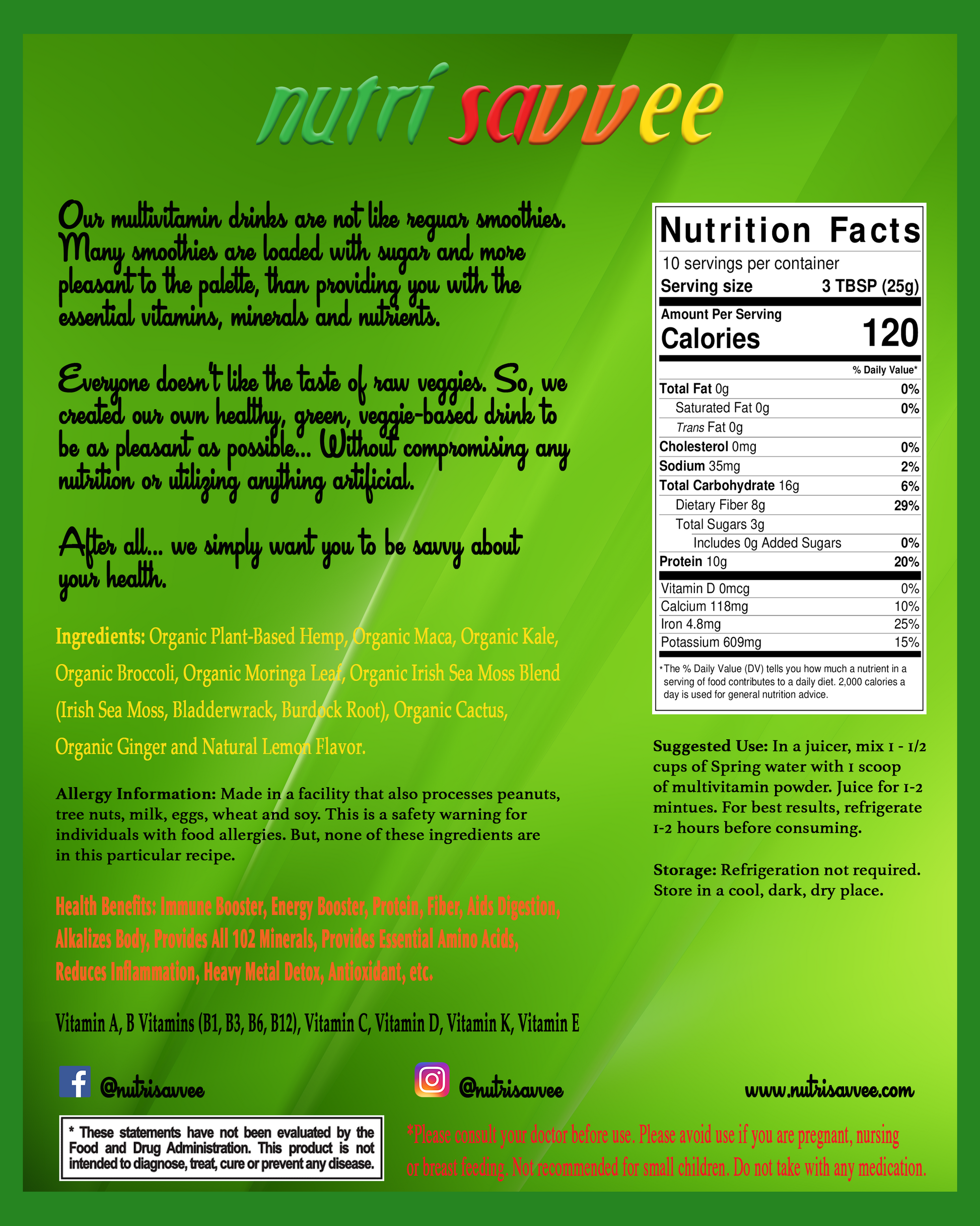 Organic Multivitamin Powder with Plant-Based Protein, Fiber & Essential Vitamins - All Natural - Nutri Savvee