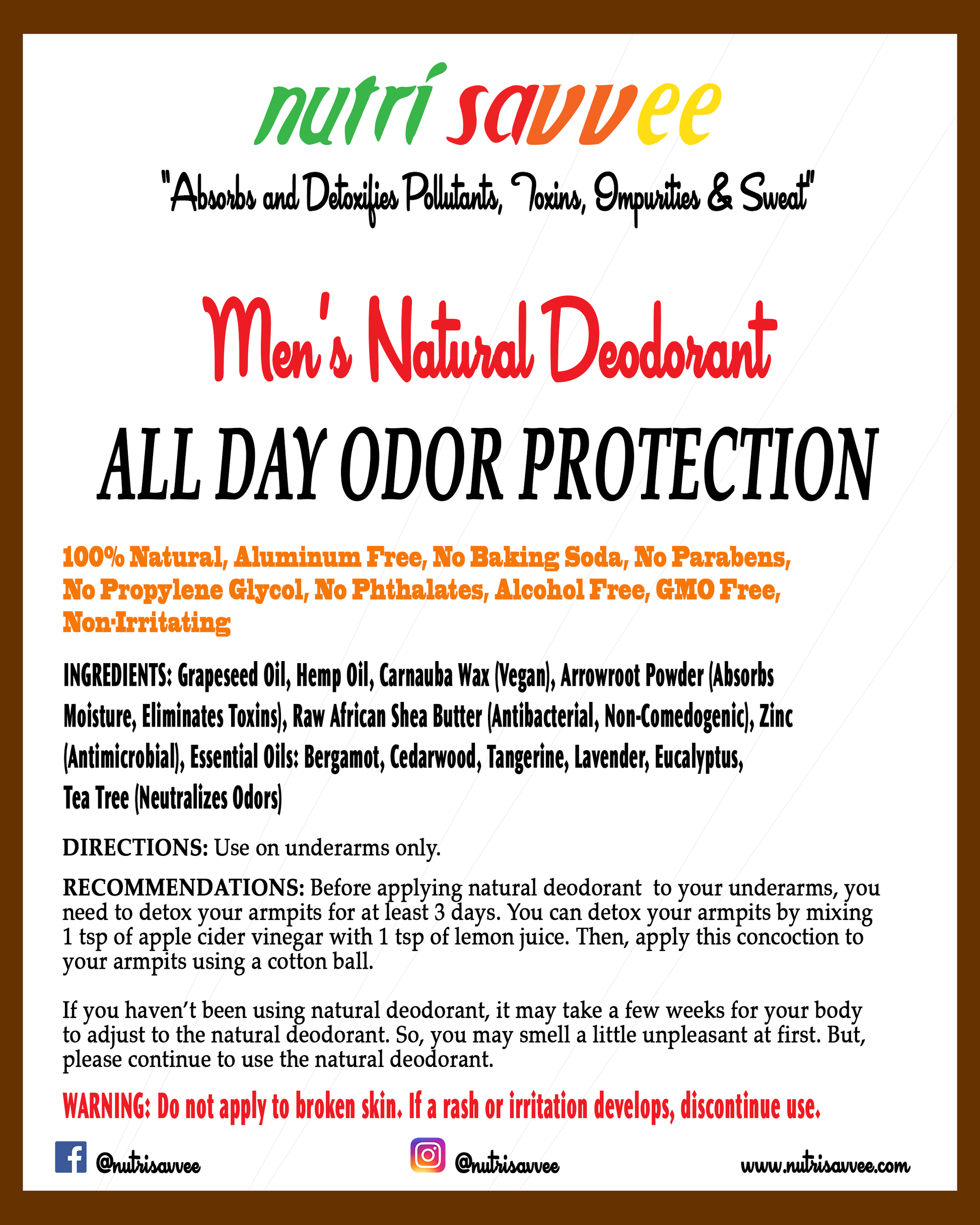100% Natural Aluminum Free Deodorant – 24-Hour Odor Protection with Essential Oils Handmade - Nutri Savvee