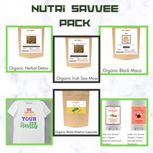 Load image into Gallery viewer, Nutri Savvee Pack Complete w/ Multi-Vitamin Capsules Irish Sea Moss Capsules Herbal Detox Capsules Black Maca Root Capsules ORGANIC Deodorant &amp; Health Empowerment T-Shirt
