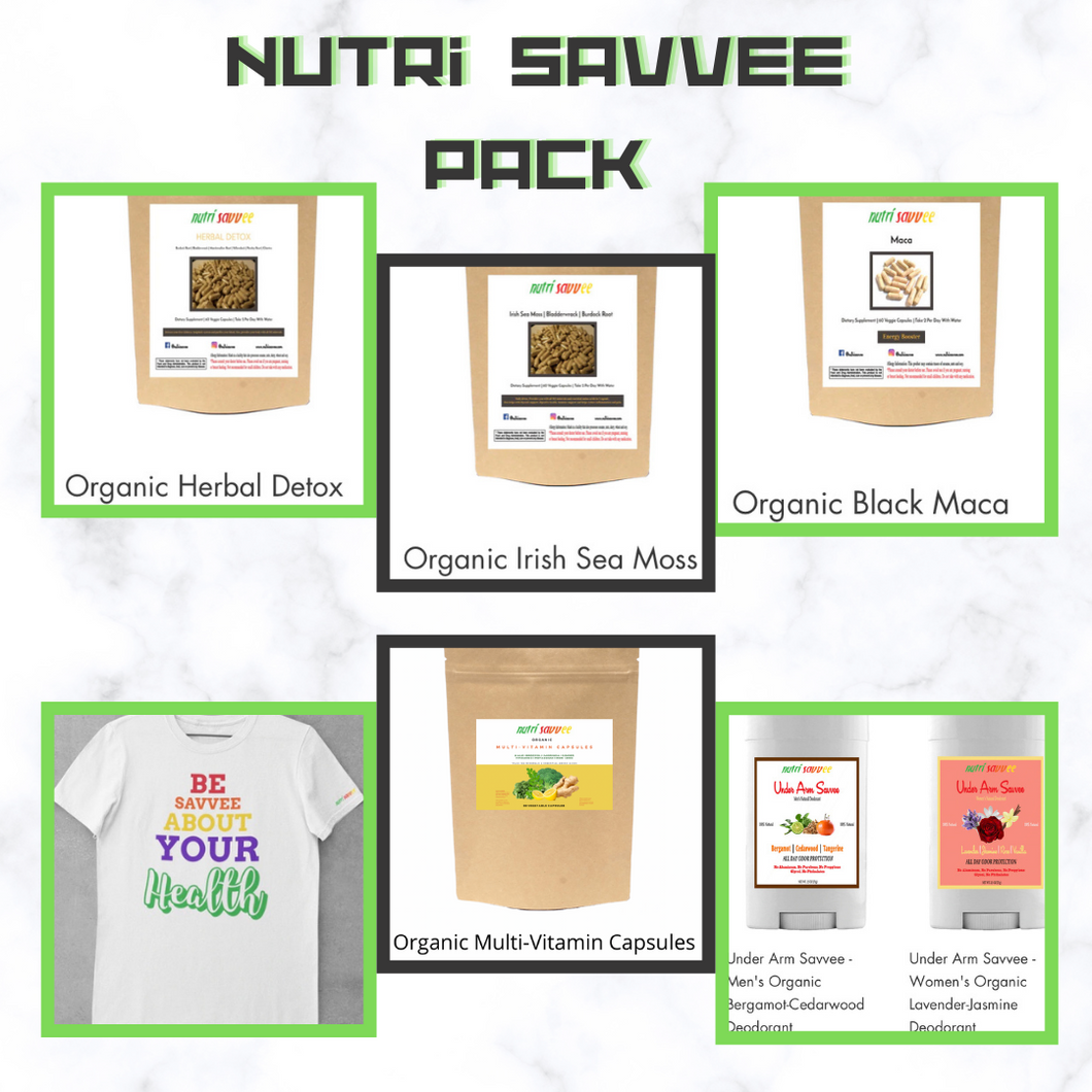 Nutri Savvee Pack Complete w/ Multi-Vitamin Capsules Irish Sea Moss Capsules Herbal Detox Capsules Black Maca Root Capsules ORGANIC Deodorant & Health Empowerment T-Shirt
